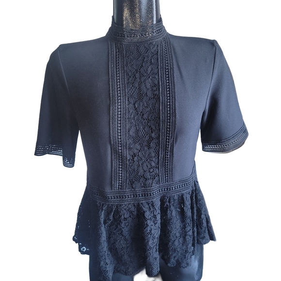 Zara Black Lace Detailed Short Sleeve Top with Peplum Hemline S - Picture 1 of 7